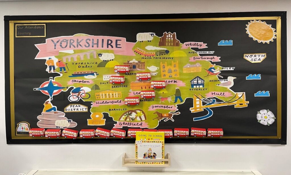 map of yorkshire display with red busses for each class attendance figure