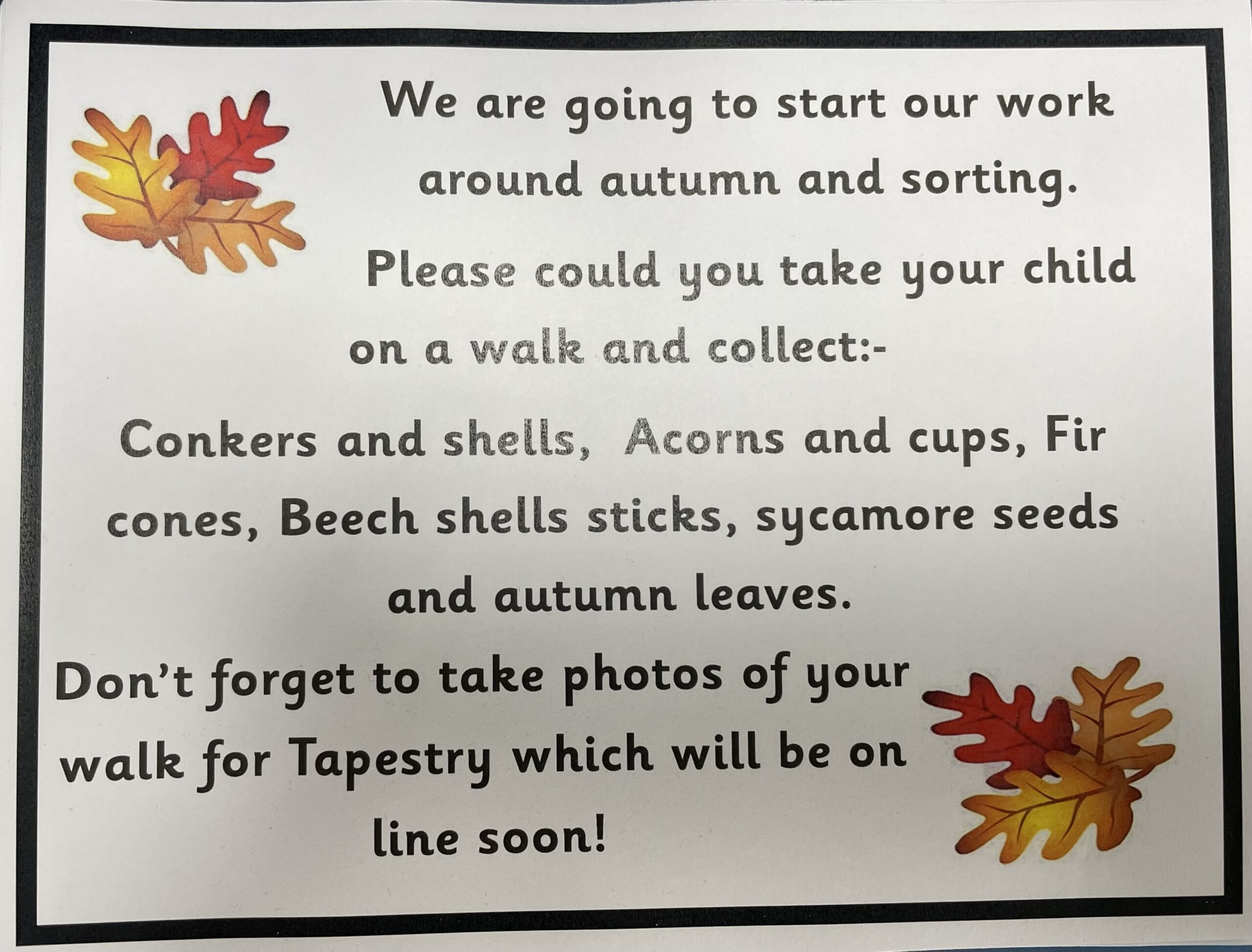 Please collect autumn treasures note for nursery