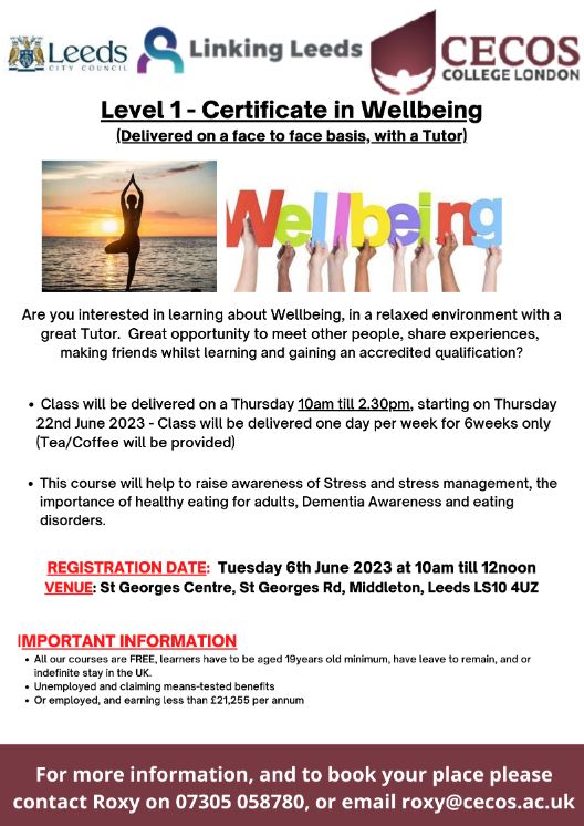 Poster advertising Level 1 Certificate in Wellbeing. All information contained in the accompanying news post.