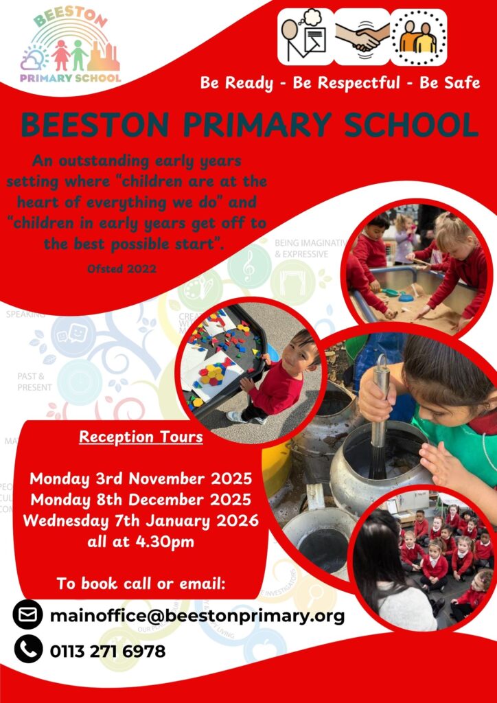 Do you have a child who will turn 4 before the 1st September 2026? If so, come and look round our outstanding Early Years setting at Beeston Primary School on Monday 3rd November or Monday 8th December at 4.30pm. Call 0113 2716978 to book on.