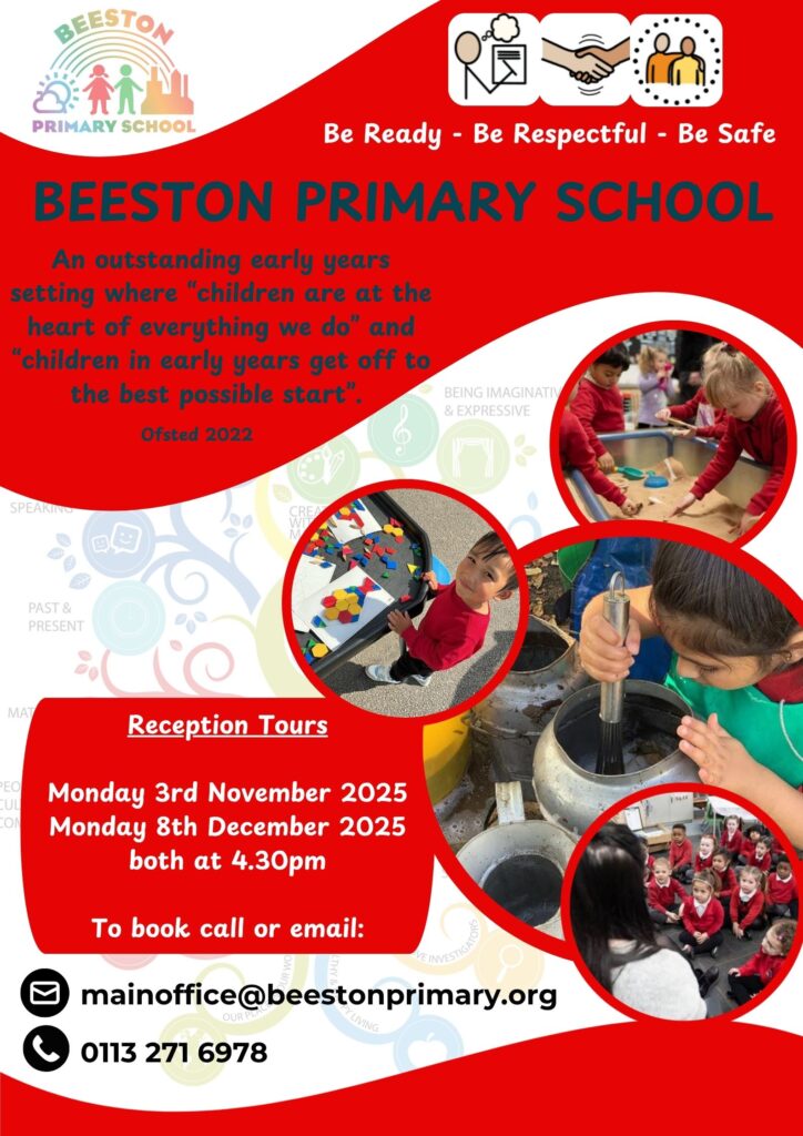 Do you have a child who will turn 4 before the 1st September 2026? If so, come and look round our outstanding Early Years setting at Beeston Primary School on Monday 3rd November or Monday 8th December at 4.30pm. Call 0113 2716978 to book on.